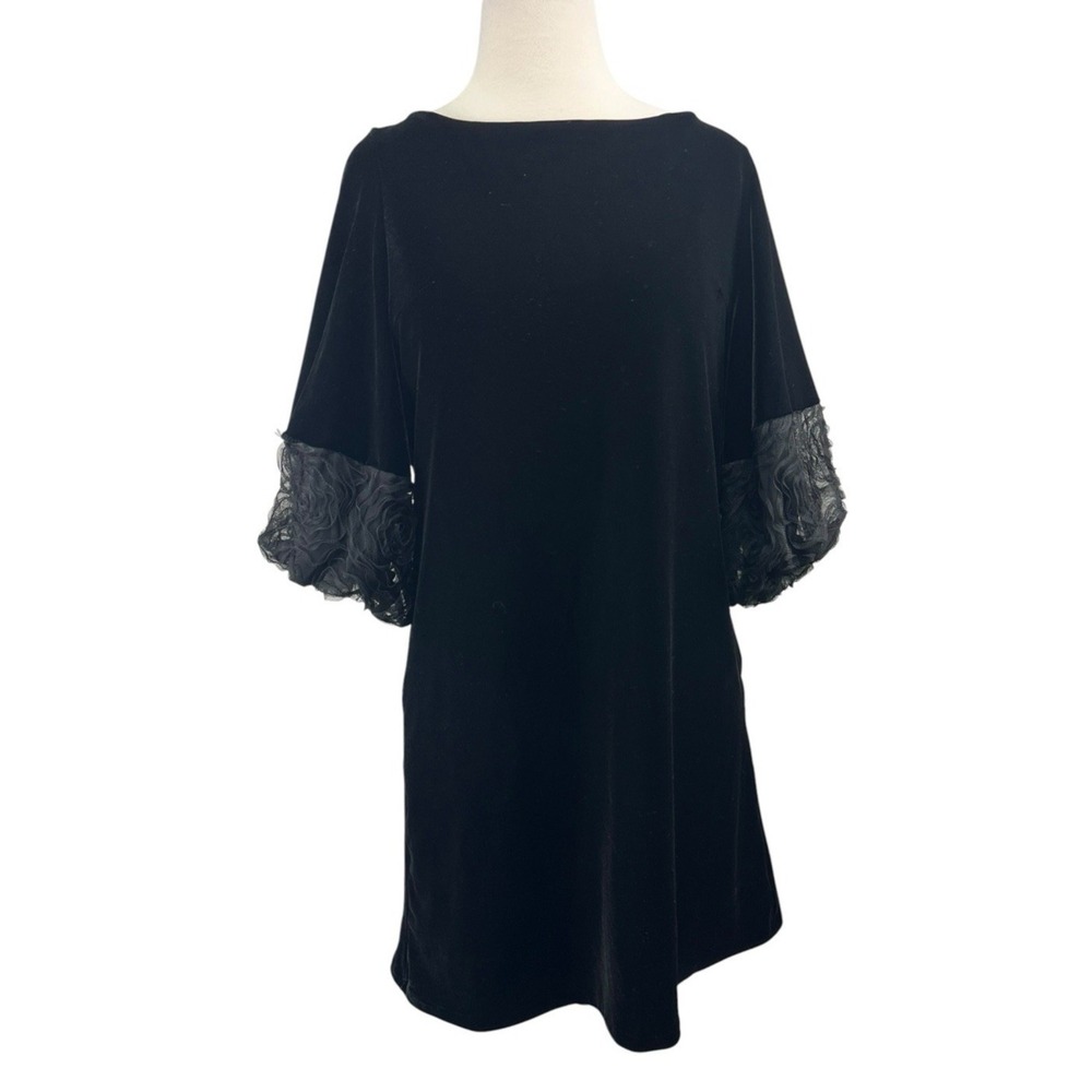 Judith March Black Velvet Cocktail Dress Medium Juliet‎ Puff Sleeve Rosette Goth
